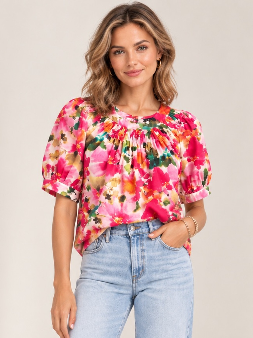 NWT J Crew Smock-Neck Puff-Sleeve Top in Floral Cotton Poplin Size L